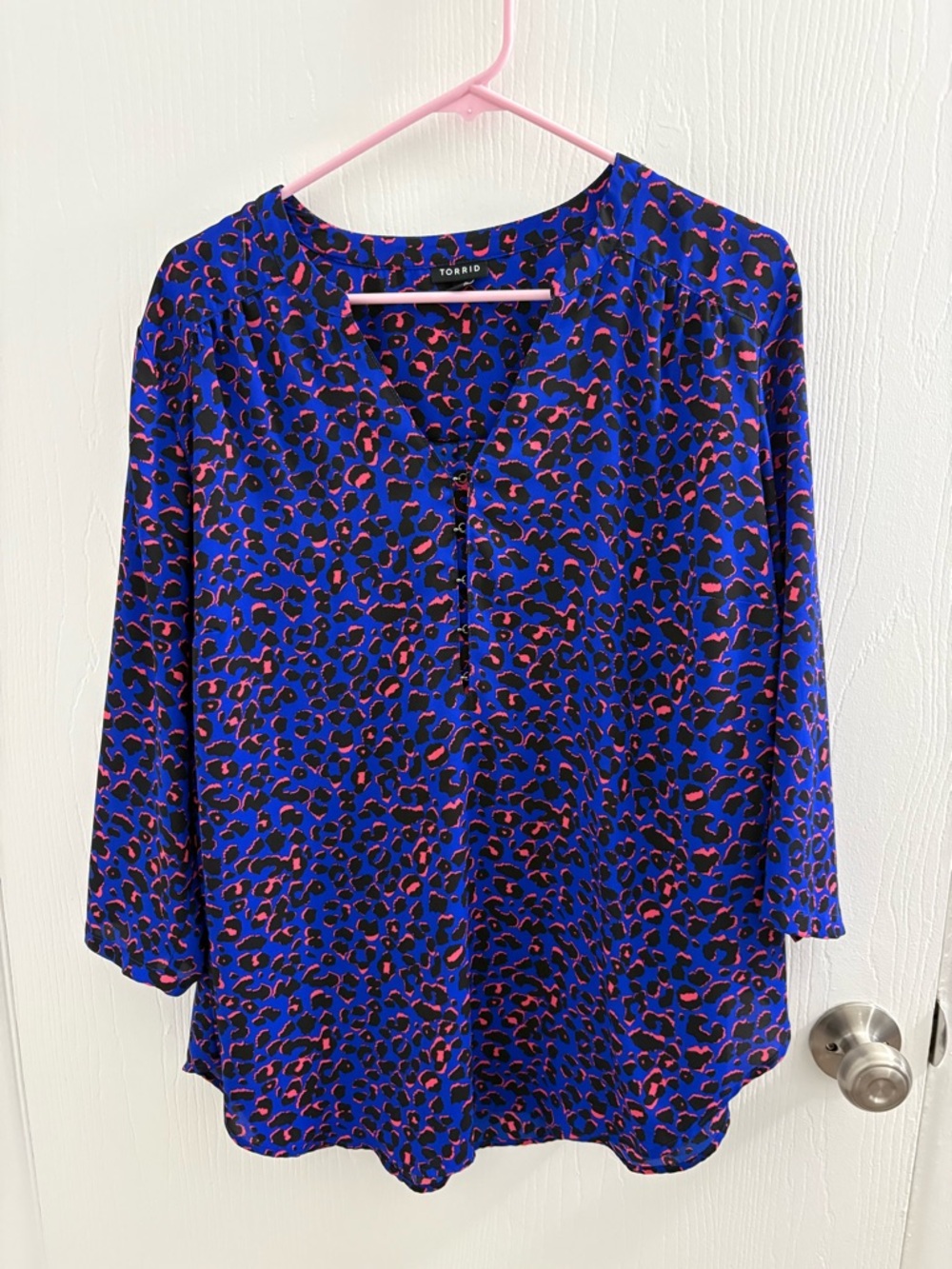 torrid Blue and Pink Leopard-Print V-Neck Blouse